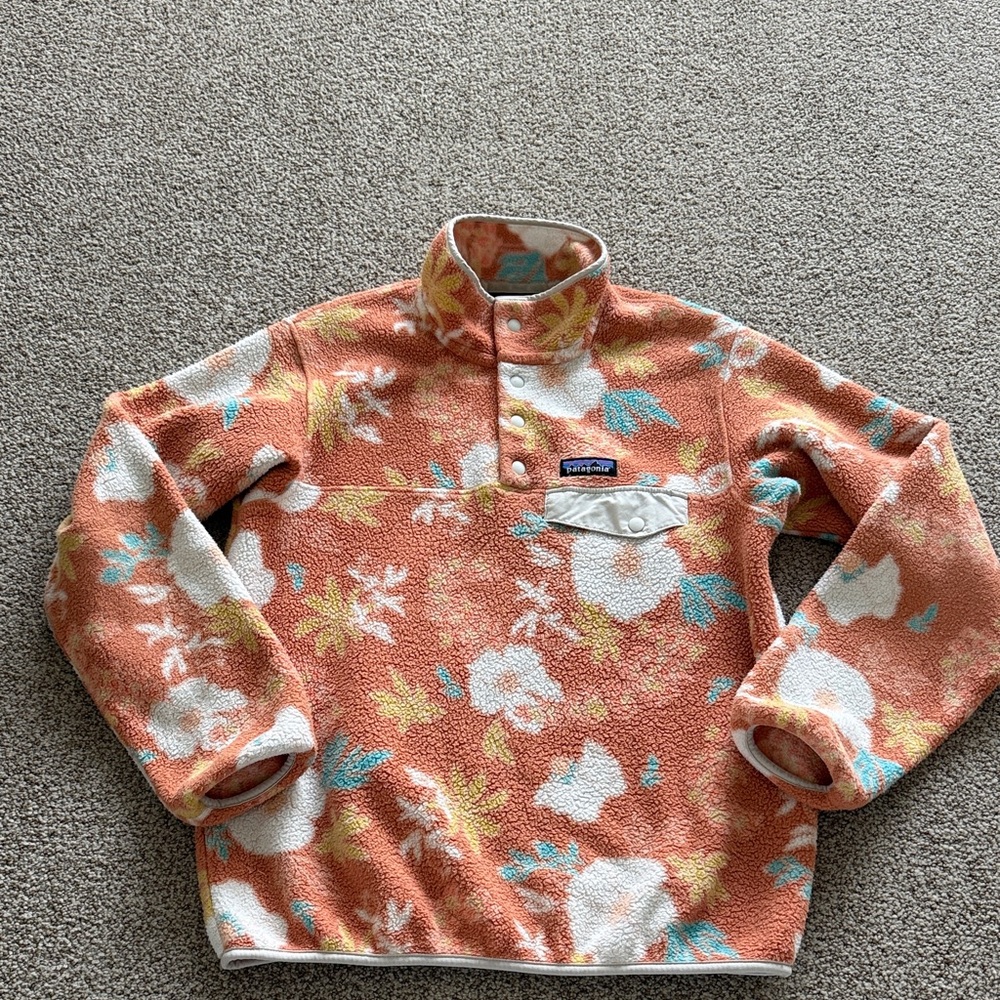 Patagonia Coral Floral Synchilla Fleece Pullover with Teal & White Accents